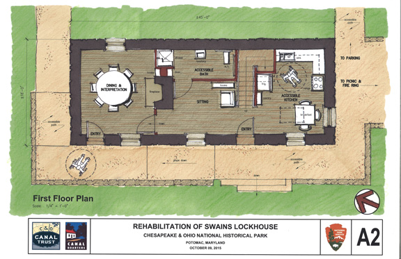 First Floor Plan Highlights: Dining and Interpretation area. Not part of the original home, this room will have a dual purpose; as a dining room for Canal Quarters guests and a special meeting location for Canal Classrooms groups when the home isn’t rented. *Large accessible bathroom *Space available in sitting room for fold-out bed *Accessible kitchen