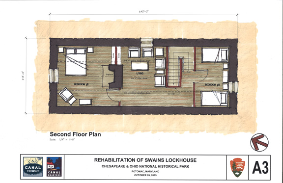 Second Floor Plan Highlights: *Large bedroom with fireplace (non-working) *Second floor living area *Smaller bedroom with twin beds.